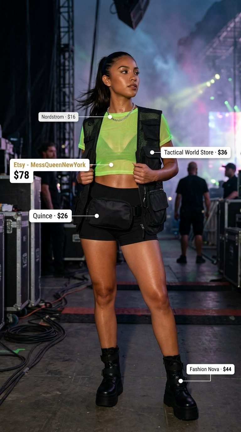 Neon green mesh top and cycling shorts with black utility vest for a neon summer rave outfit for women 2026.