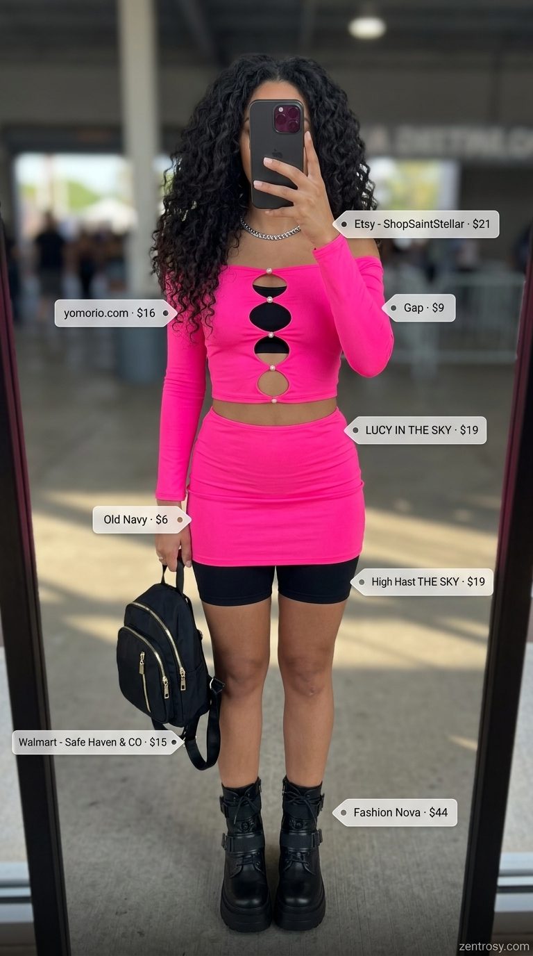 Neon summer rave outfit for women 2026: Pink mesh set, black shorts, bralette, combat boots, backpack.