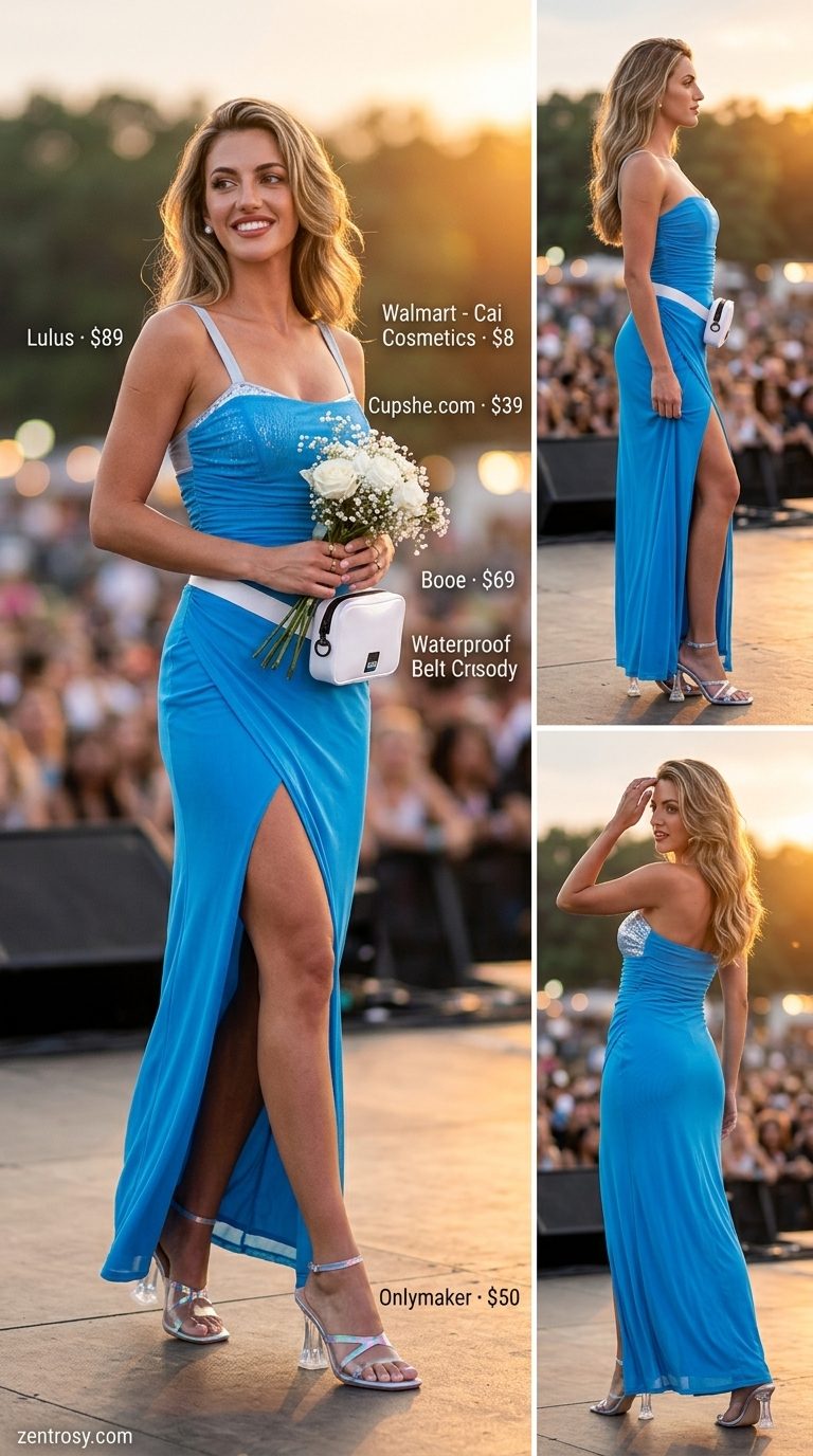 Neon summer rave outfit for women 2026: Blue mesh dress, silver bikini, clear sandals, white belt bag.
