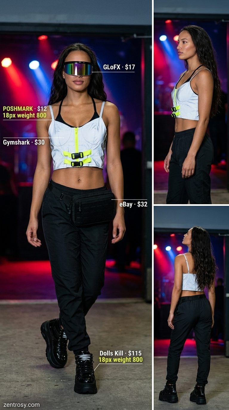 Neon yellow reflective set with rainbow visor for a neon summer rave outfit for women 2026.