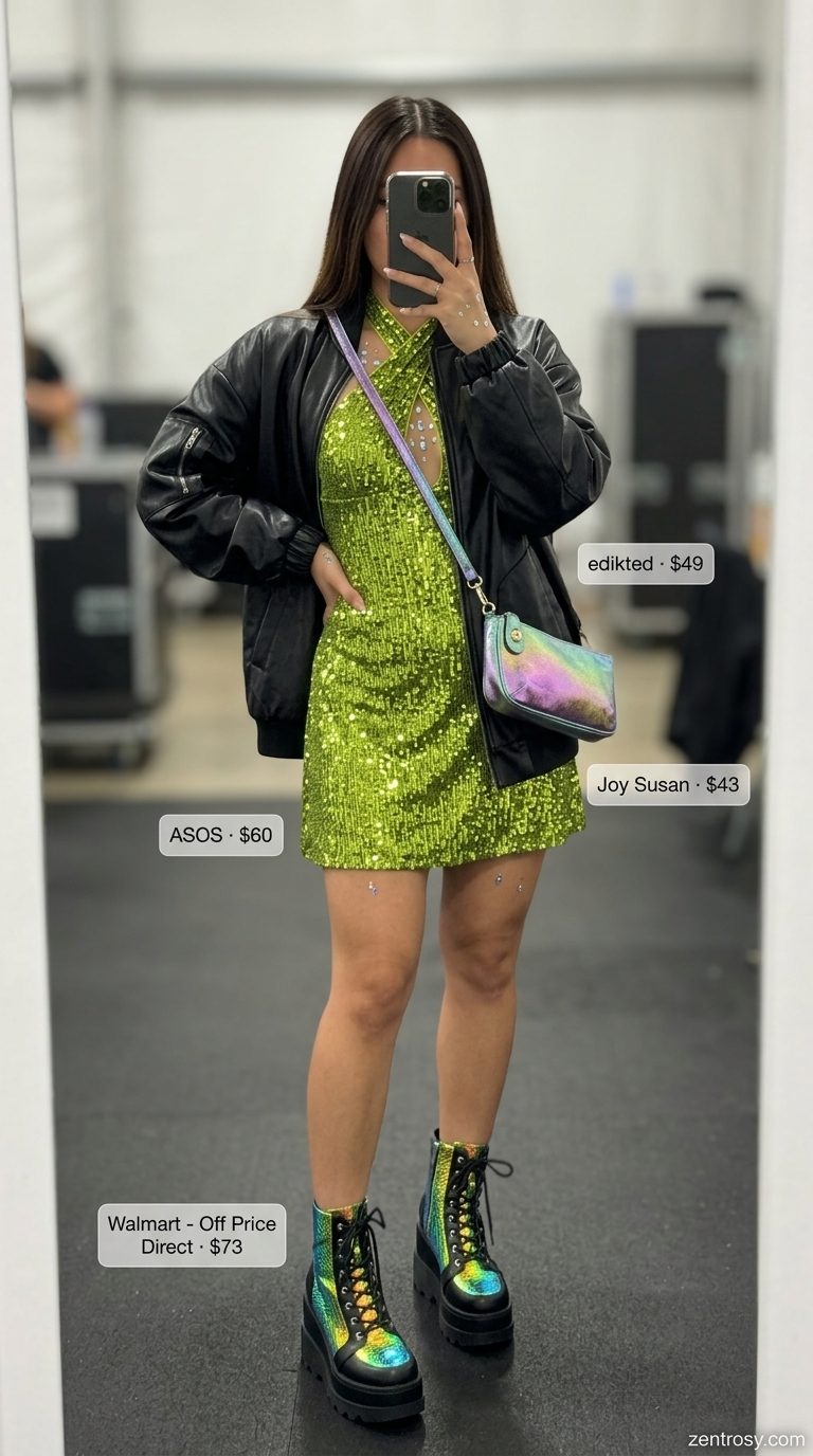 Neon summer rave outfit for women 2026: Green sequin dress, black bomber jacket, holographic boots.