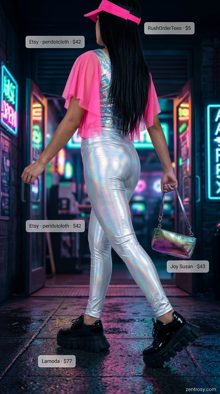 Holographic silver crop top and leggings with neon pink visor for a neon summer rave outfit for women 2026.