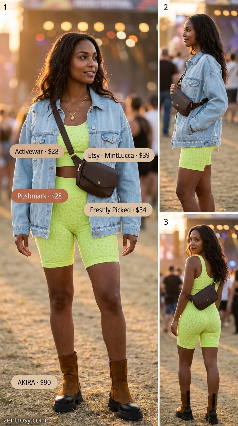Neon summer rave outfit for women 2026: Neon lime animal print set, distressed denim jacket, platform boots, belt bag.