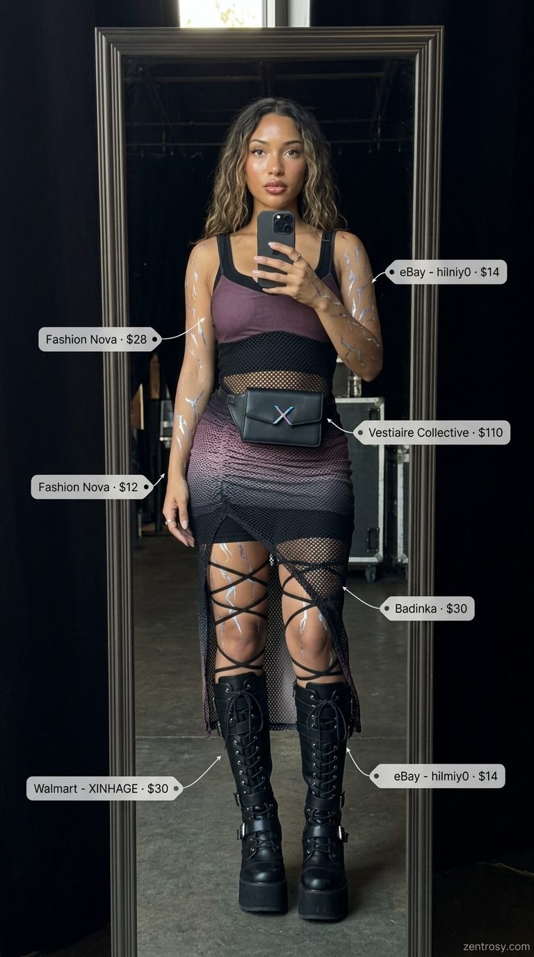 Neon summer rave outfit for women 2026: Neon purple fishnet dress, black two-piece set, platform boots, iridescent belt bag.