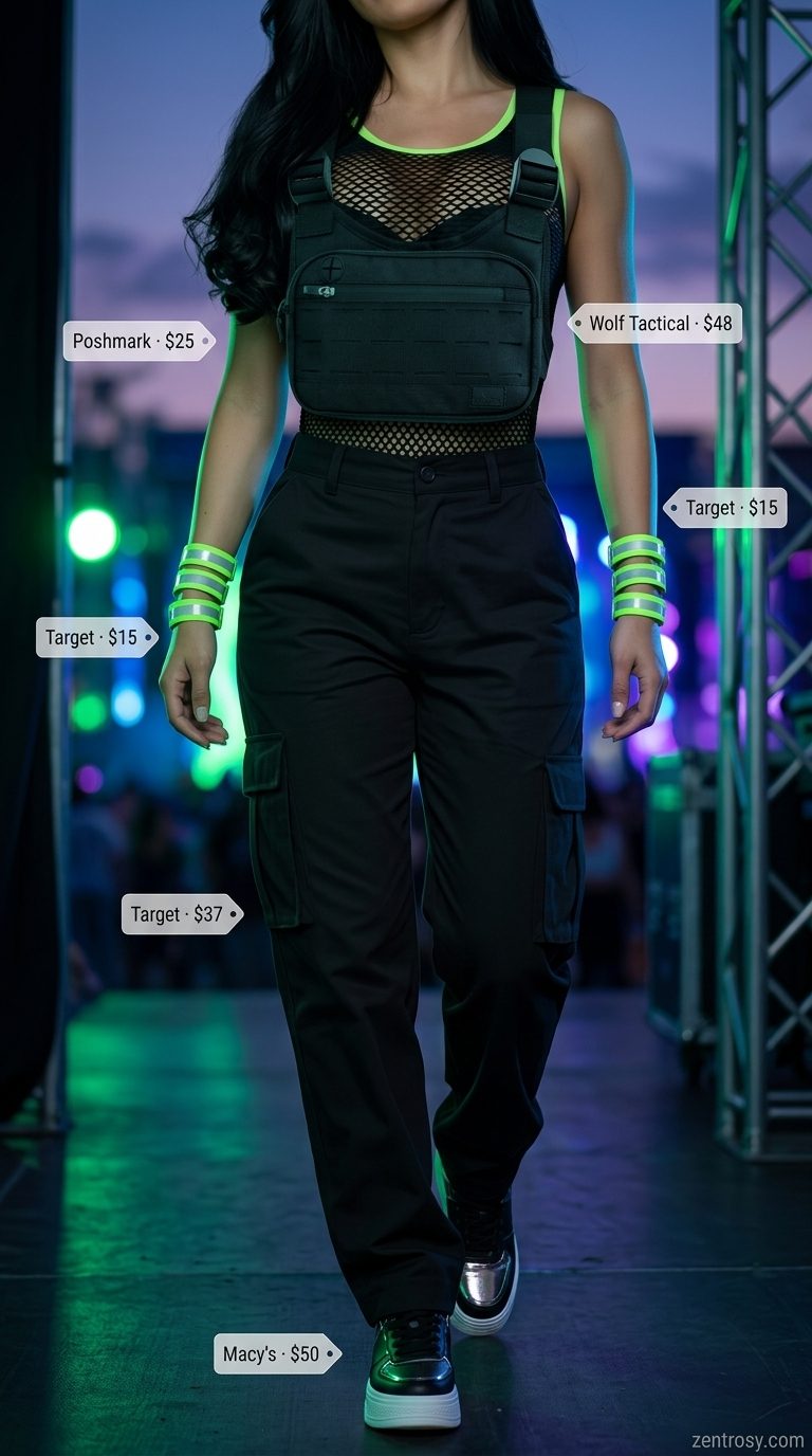 Neon summer rave outfit for women 2026: Black cutout bodysuit, green pants, neon wristbands, tactical bag.