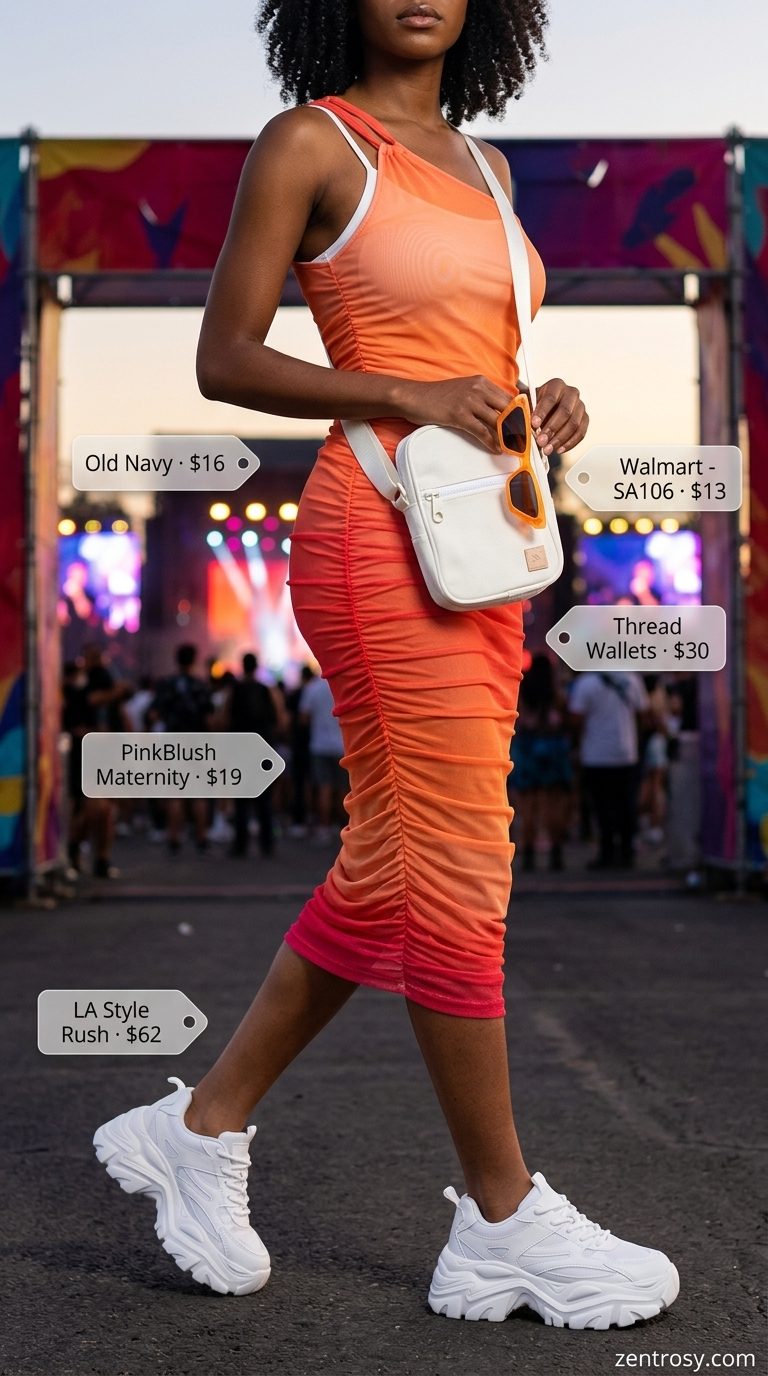 Neon summer rave outfit for women 2026: Ombre mesh dress, white bodysuit, orange sunglasses, platform sneakers.