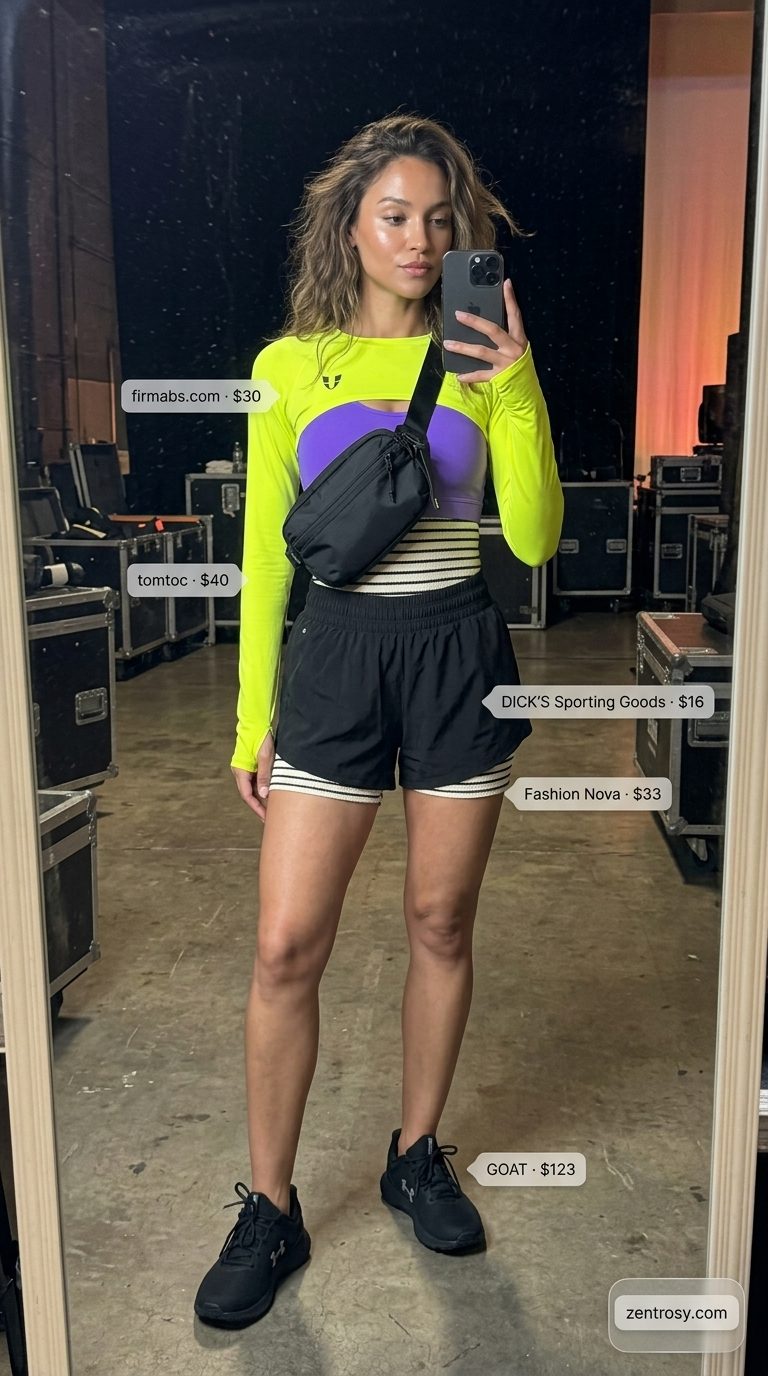 Neon summer rave outfit for women 2026: Yellow reflective crop top, black shorts, and iridescent visor.