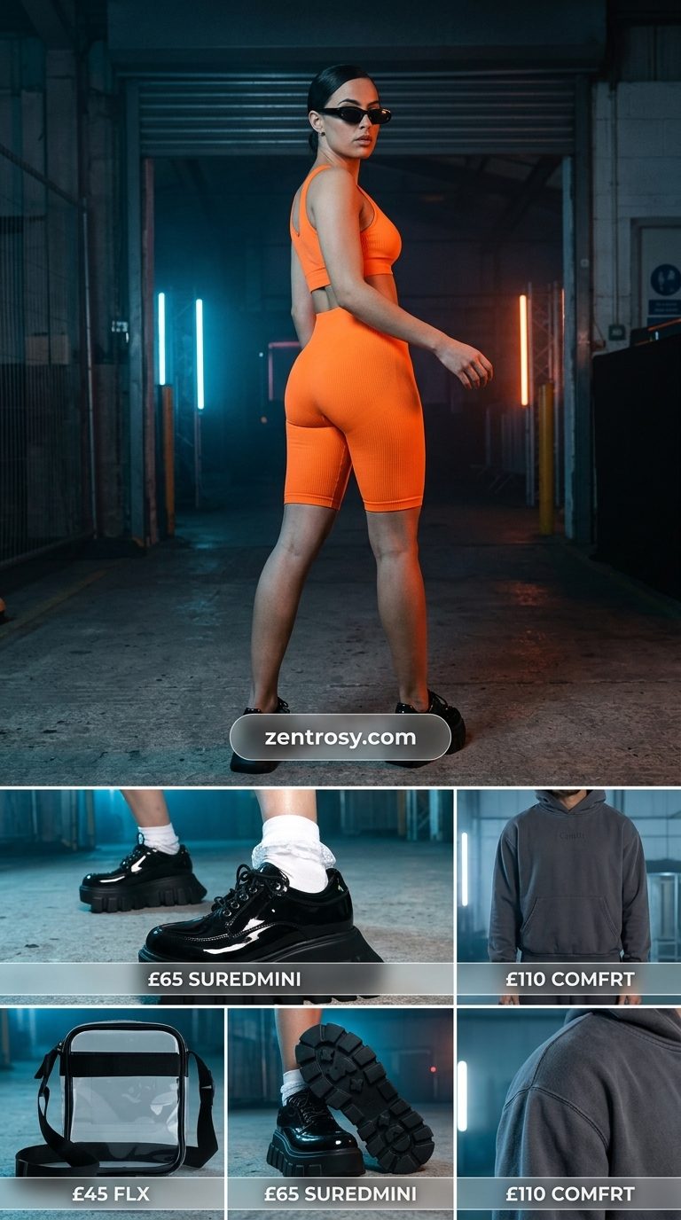 Neon summer rave outfit for women 2026: Orange crop top, grey hoodie, biker shorts, and clear PVC bag.