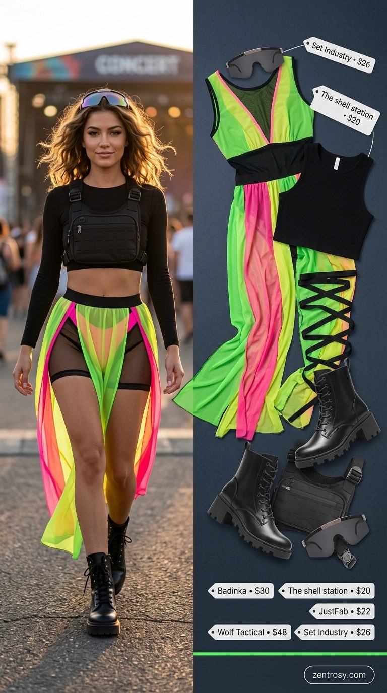 Multi-neon utility jumpsuit with black crop top for a neon summer rave outfit for women 2026.