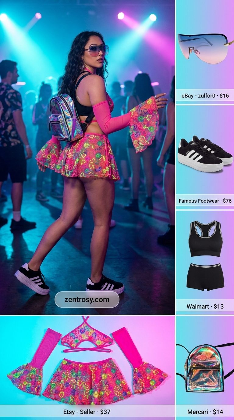 Gradient neon cyan and magenta mesh set with black backpack for a neon summer rave outfit for women 2026.