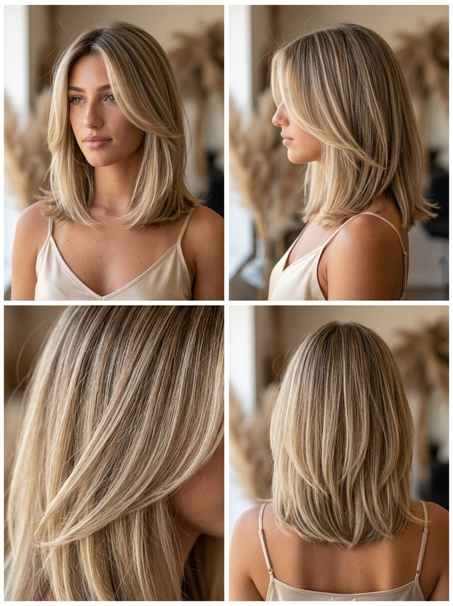 shoulder-length cut with neutral blonde balayage and creamy beige babylights for elegance
