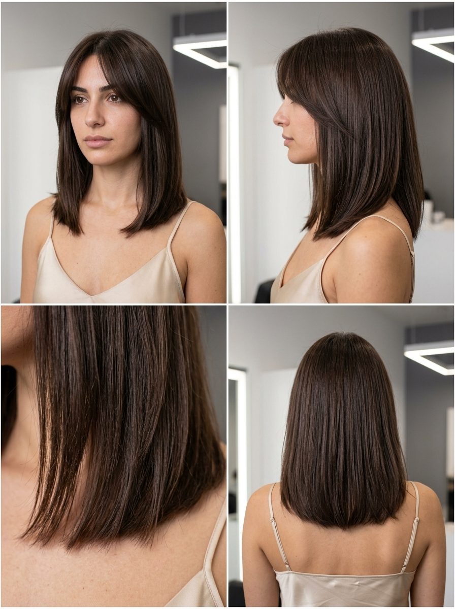 collarbone-length midi cut espresso brunette with curtain bangs, curve cut layers for effortlessly chic look