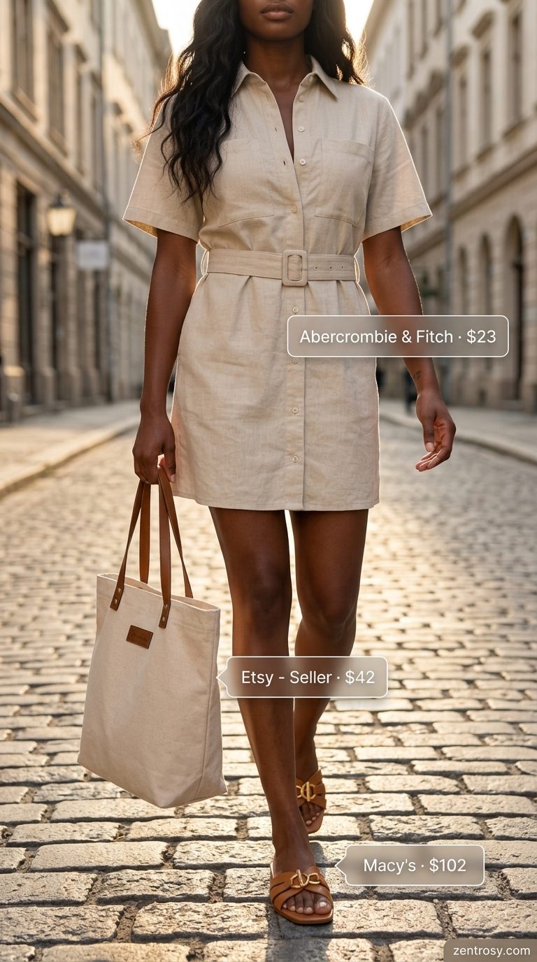 Neutral minimalist summer outfits for women 2026: Beige linen oversized shirt dress, leather slides, canvas tote.