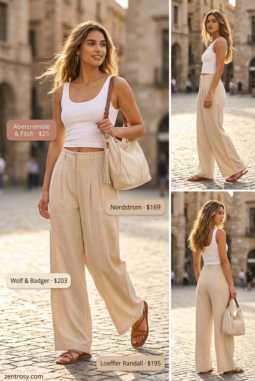 Neutral minimalist summer outfits for women 2026: Beige wide-leg pants, off-white tank, flat sandals, and hobo bag for casual day.