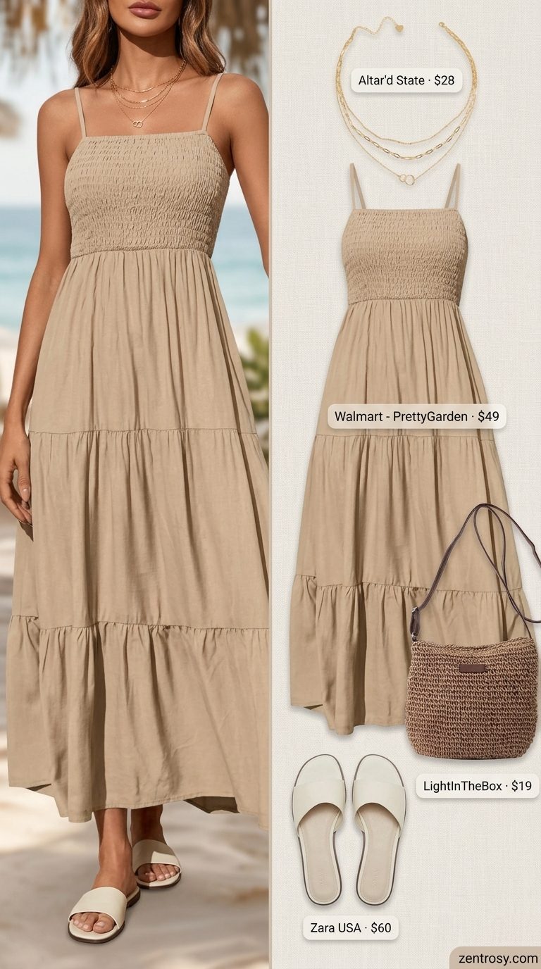 Neutral minimalist summer outfits for women 2026: Earthy brown maxi dress, leather sandals, straw bag.