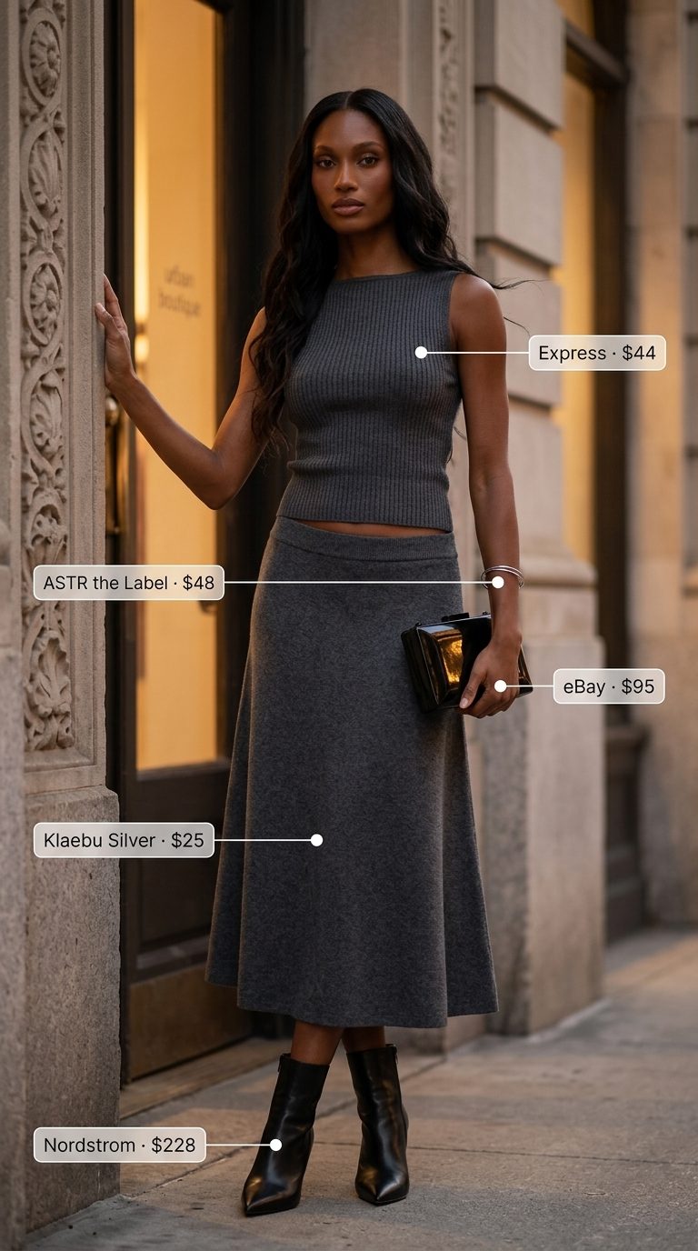 Neutral minimalist summer outfits for women 2026: Charcoal grey knit skirt, black top, ankle boots, and silver bangle for evening.