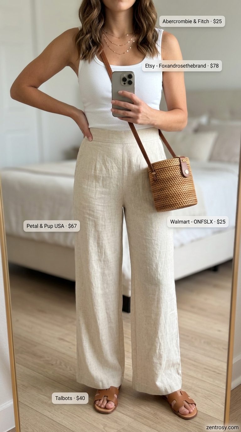 Neutral minimalist summer outfits for women 2026: Cream linen pants, white tank, leather slides, straw bag.