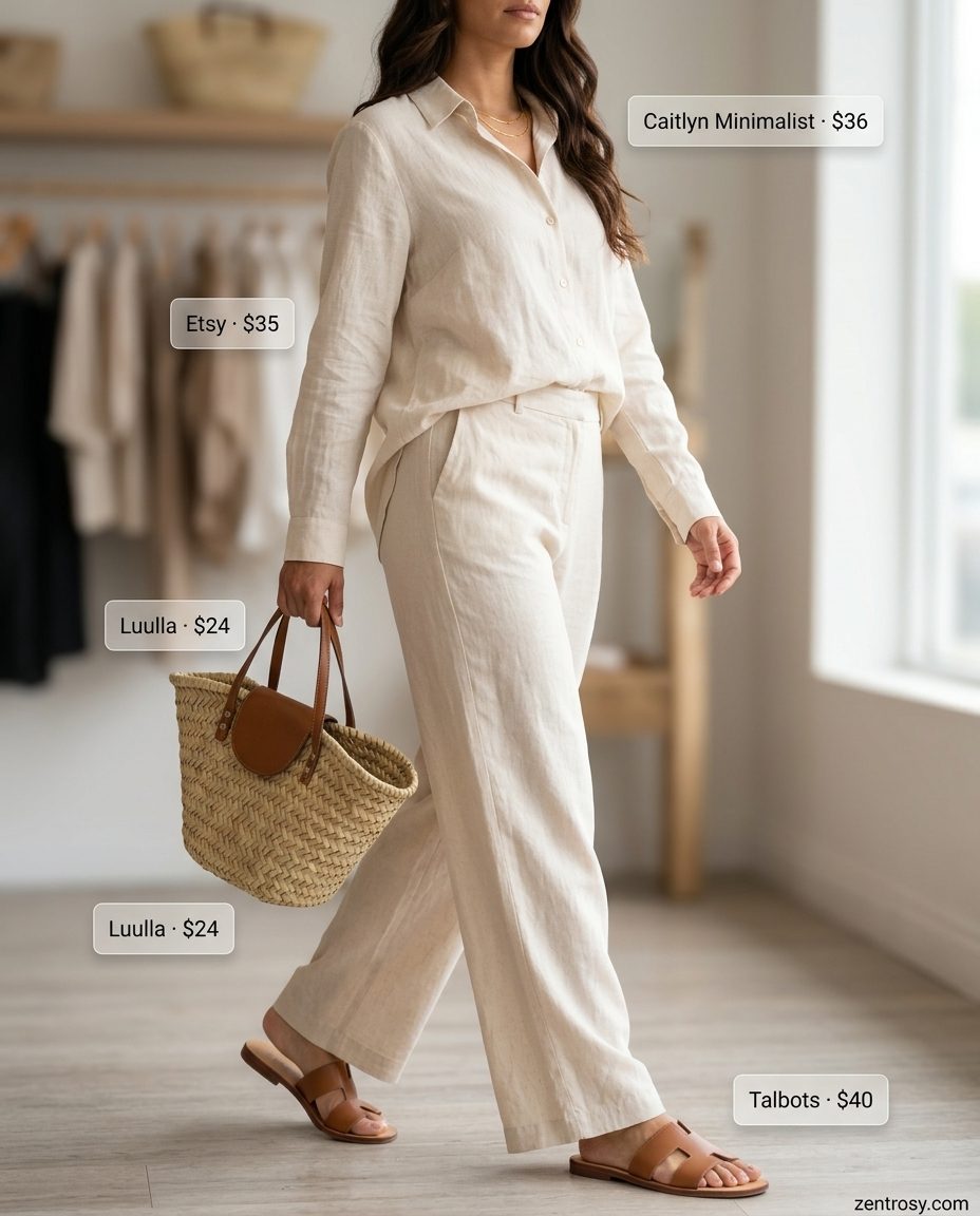 Neutral minimalist summer outfits for women 2026: Cream linen set with gold jewelry and straw tote for a relaxed beach day.