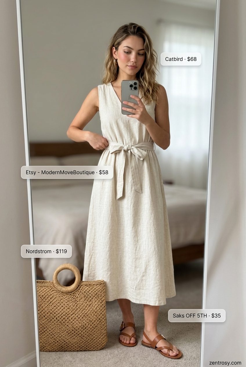 Neutral minimalist summer outfit 2026: Cream linen sundress, tan sandals, gold earrings, raffia tote.
