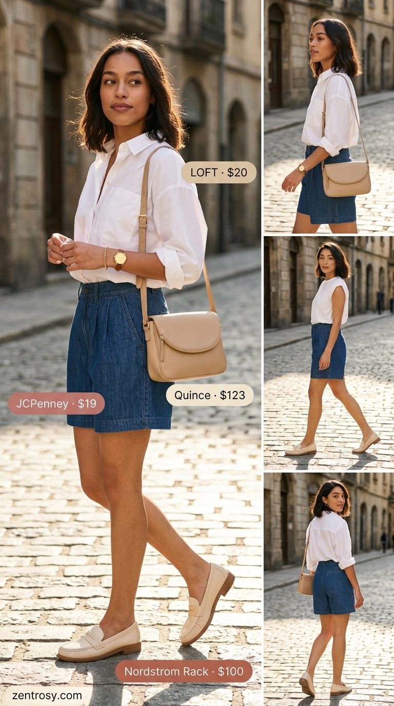 Neutral minimalist summer outfits for women 2026: Denim shorts, white shirt, loafers, and crossbody bag for a polished casual look.