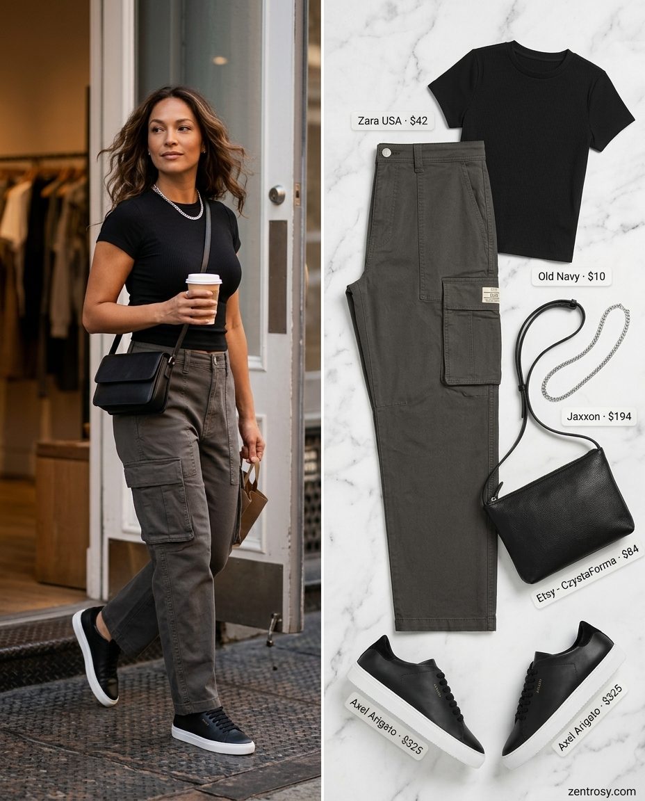 Neutral minimalist summer outfit 2026: Stone grey cargo pants, black tee, sneakers, silver necklace.