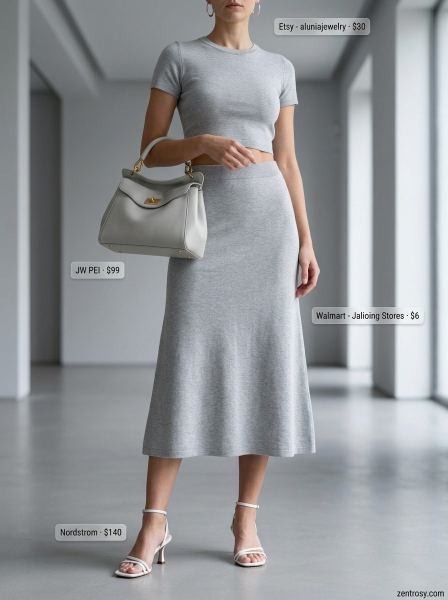 Neutral minimalist summer outfit 2026: Light grey knit set, white heeled sandals, silver earrings.