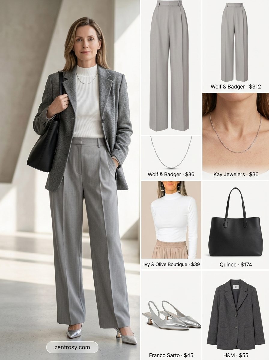 Neutral minimalist summer outfit 2026: Light grey wide-leg pantsuit, white knit top, silver pumps.