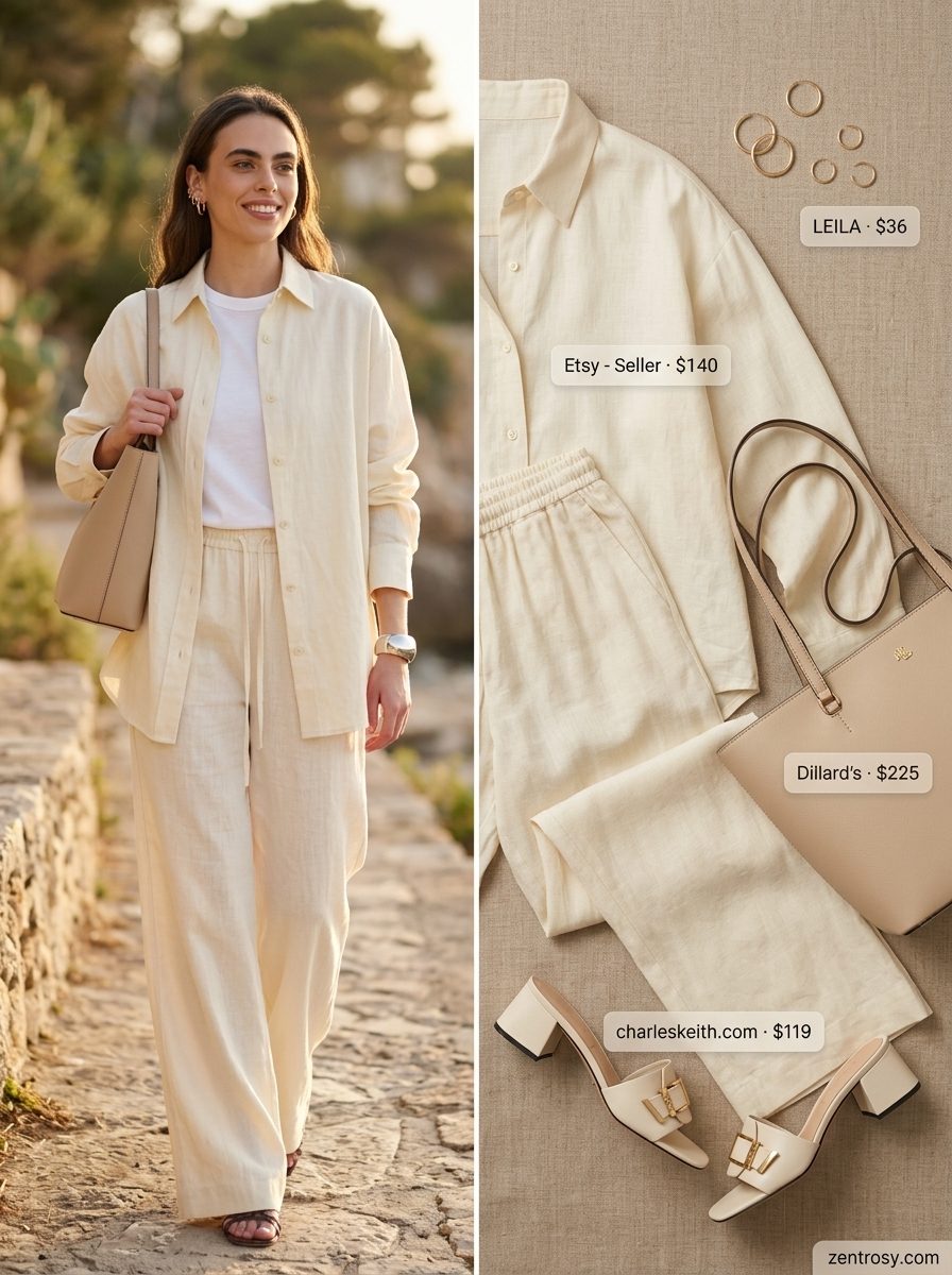 Neutral minimalist summer outfits for women 2026: Ivory linen set with heeled mules, gold earrings, and tan tote for a chic look.