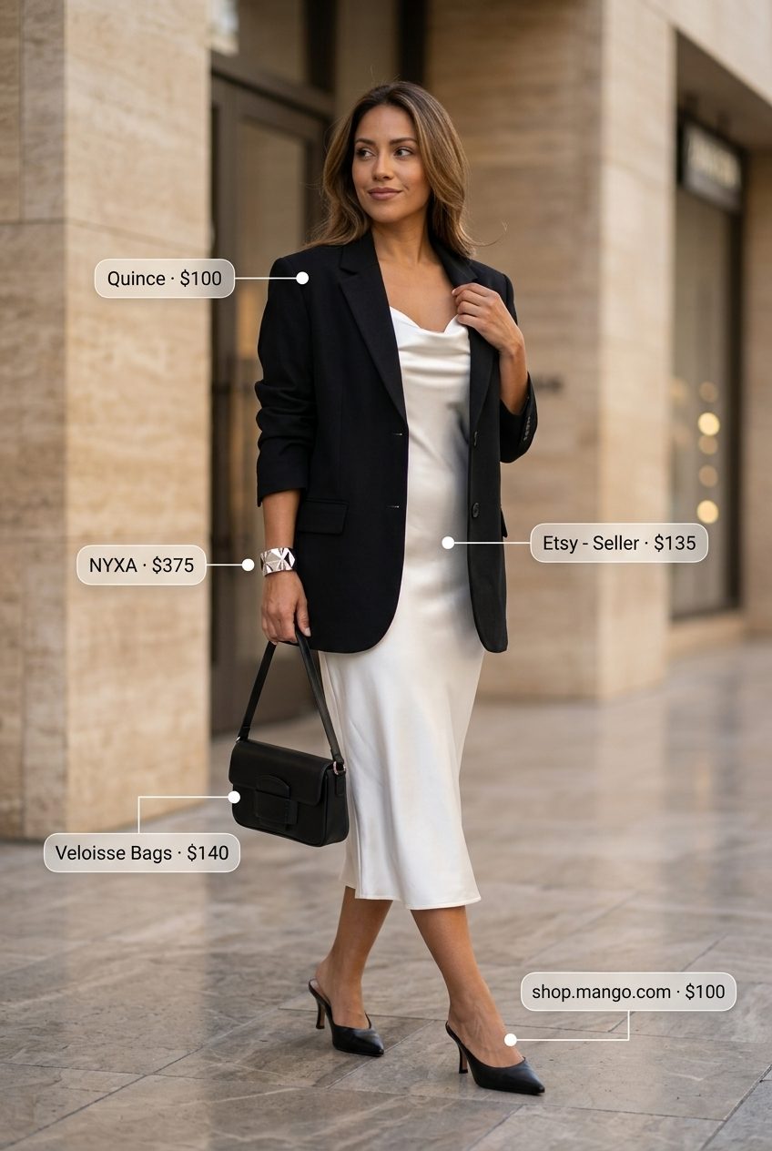 Neutral minimalist summer outfits for women 2026: Ivory slip dress with black blazer, mules, and silver jewelry for a modern look.