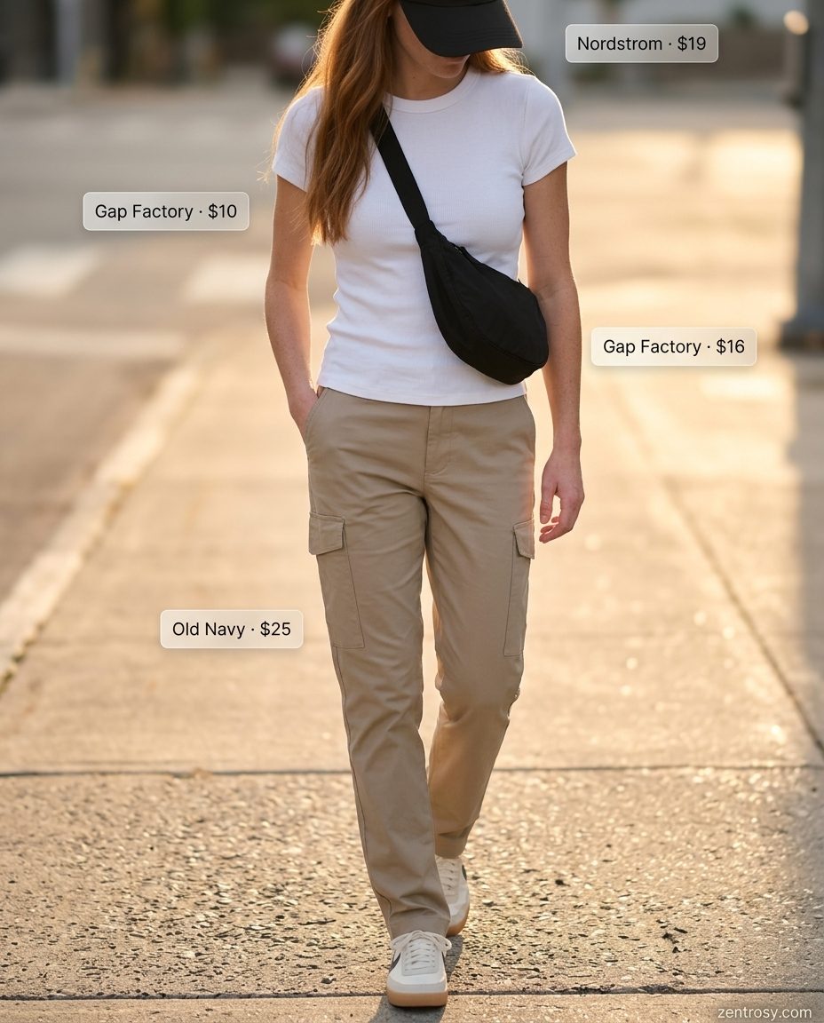 Neutral minimalist summer outfits for women 2026: Khaki cargo pants, white tee, black cap, and sneakers for casual errands.