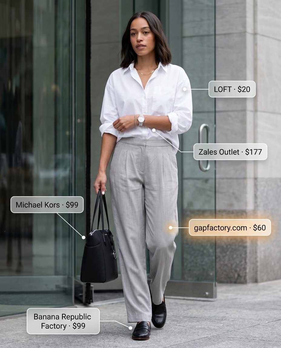 Neutral minimalist summer outfits for women 2026: Light grey Tencel trousers, white shirt, loafers, and black tote for office.