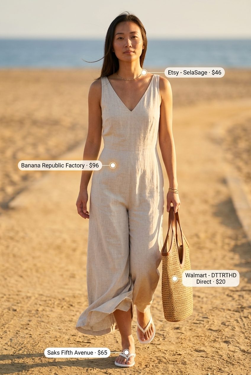 Neutral minimalist summer outfits for women 2026: Stone linen jumpsuit, white sandals, straw crossbody bag.