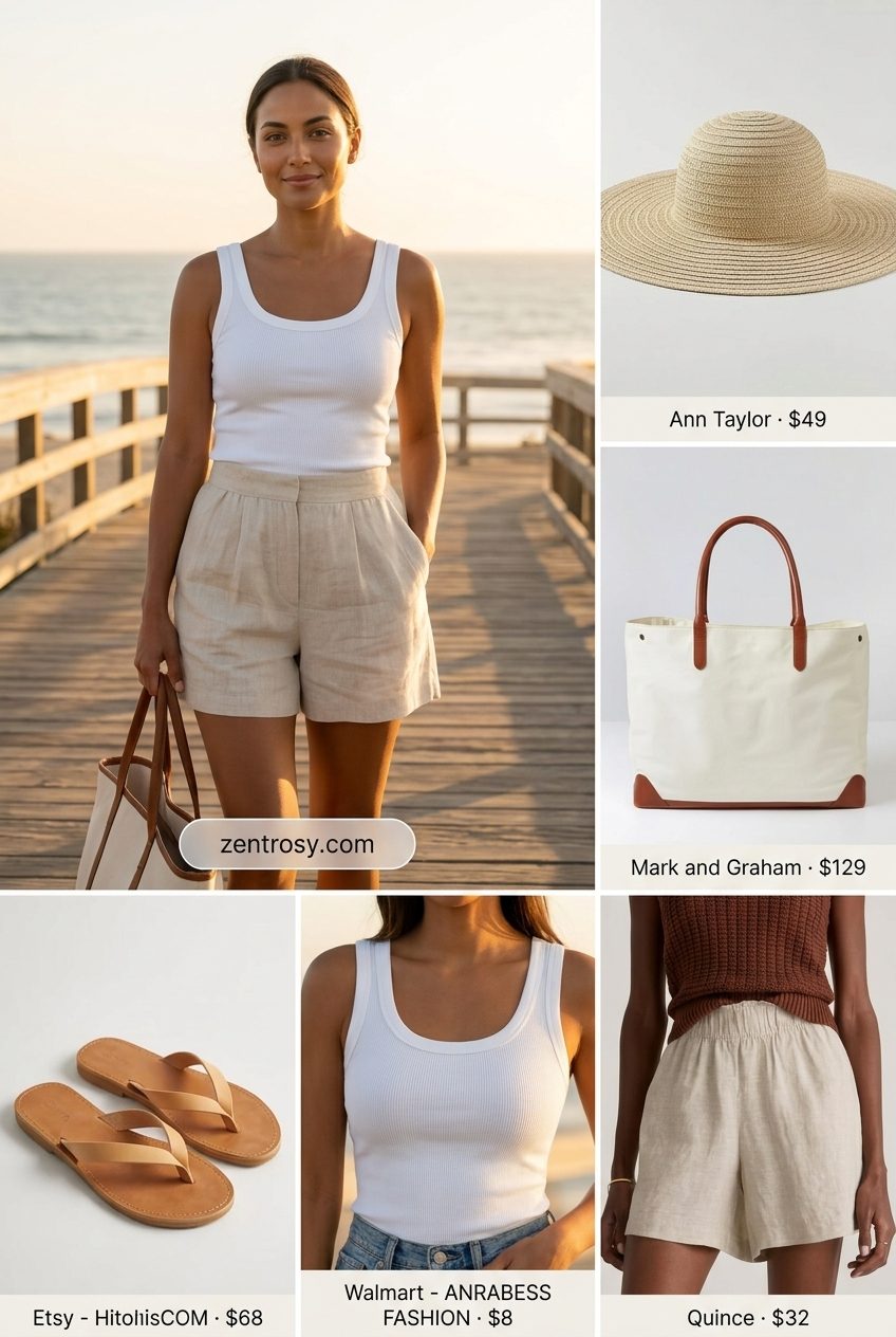 Neutral minimalist summer outfits for women 2026: Linen shorts, white tank, canvas tote, straw hat.
