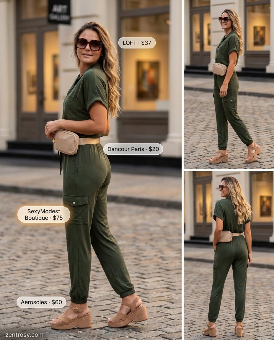 Neutral minimalist summer outfit 2026: Olive utility jumpsuit, chunky sandals, belt bag.