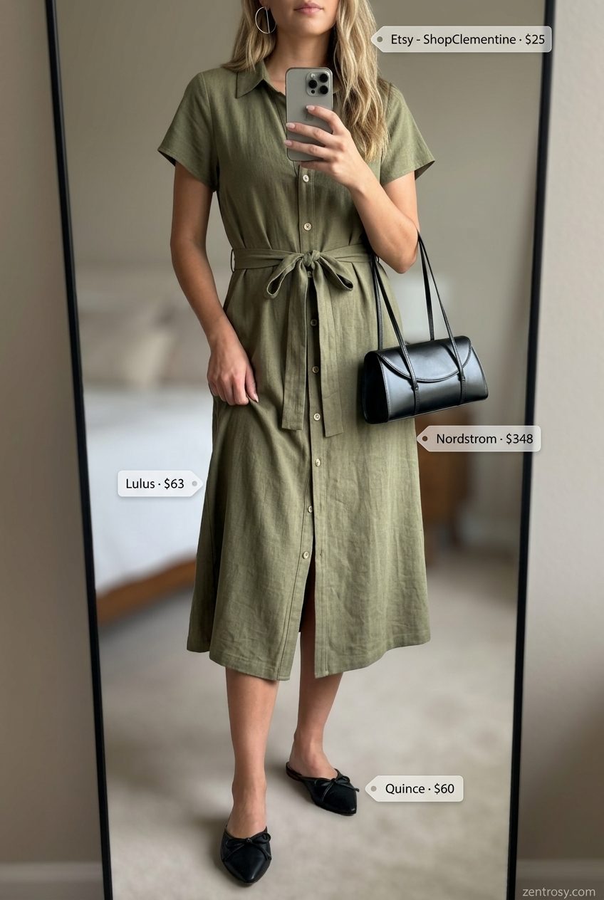 Neutral minimalist summer outfits for women 2026: Olive green linen shirt dress, black mules, silver earrings.
