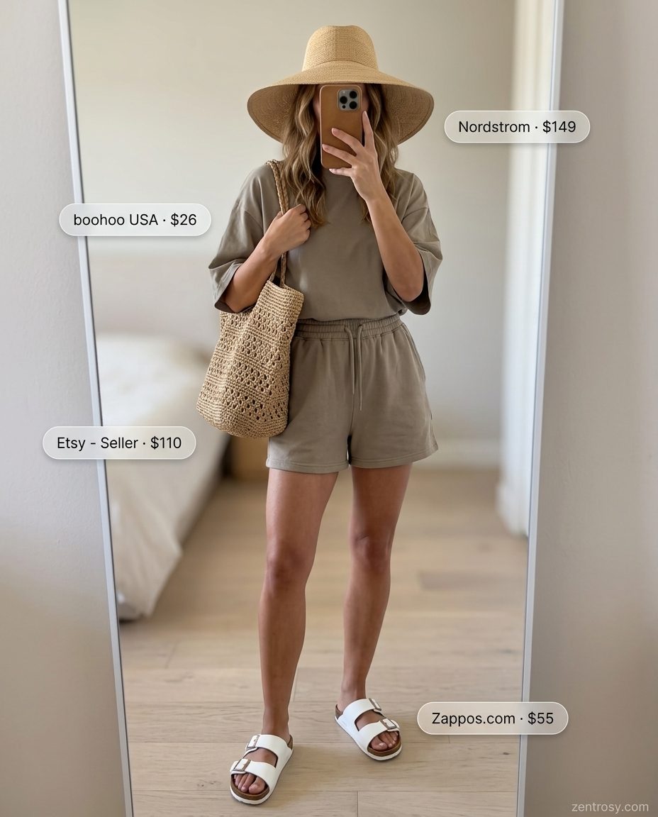Neutral minimalist summer outfit 2026: Sand shorts set, straw hat, leather slides, raffia tote.