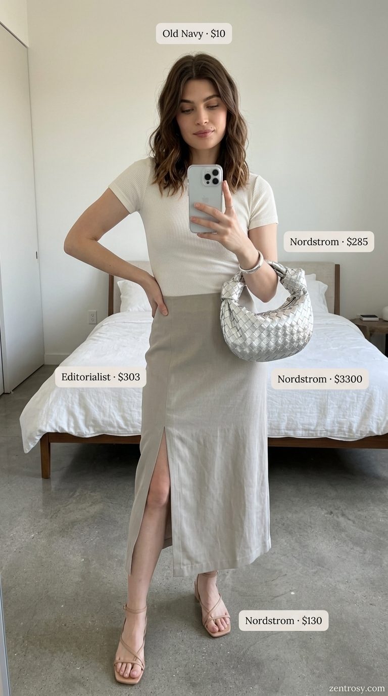 Neutral minimalist summer outfits for women 2026: Stone grey midi skirt, ivory tee, and minimalist sandals for a polished daytime look.