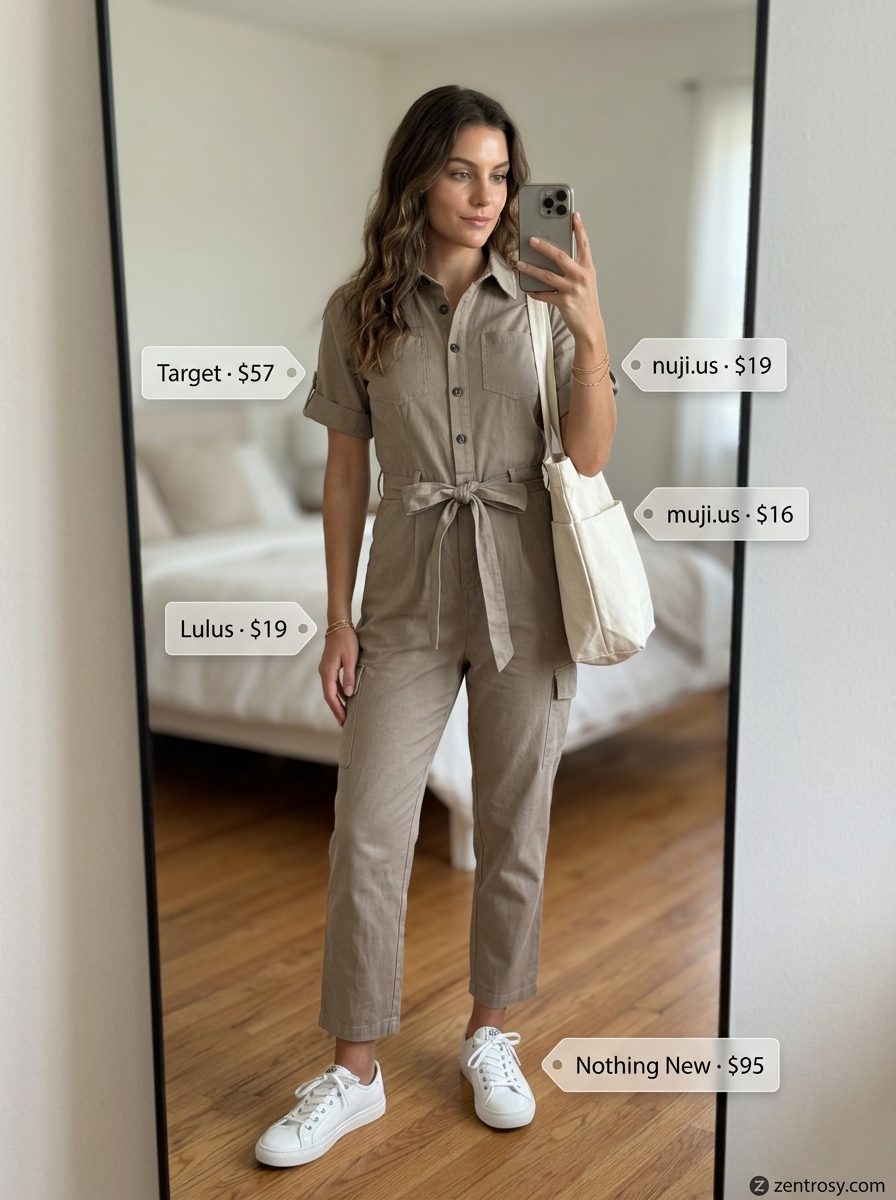 Neutral minimalist summer outfit 2026: Taupe wide-leg jumpsuit, white sneakers, gold jewelry, canvas tote.