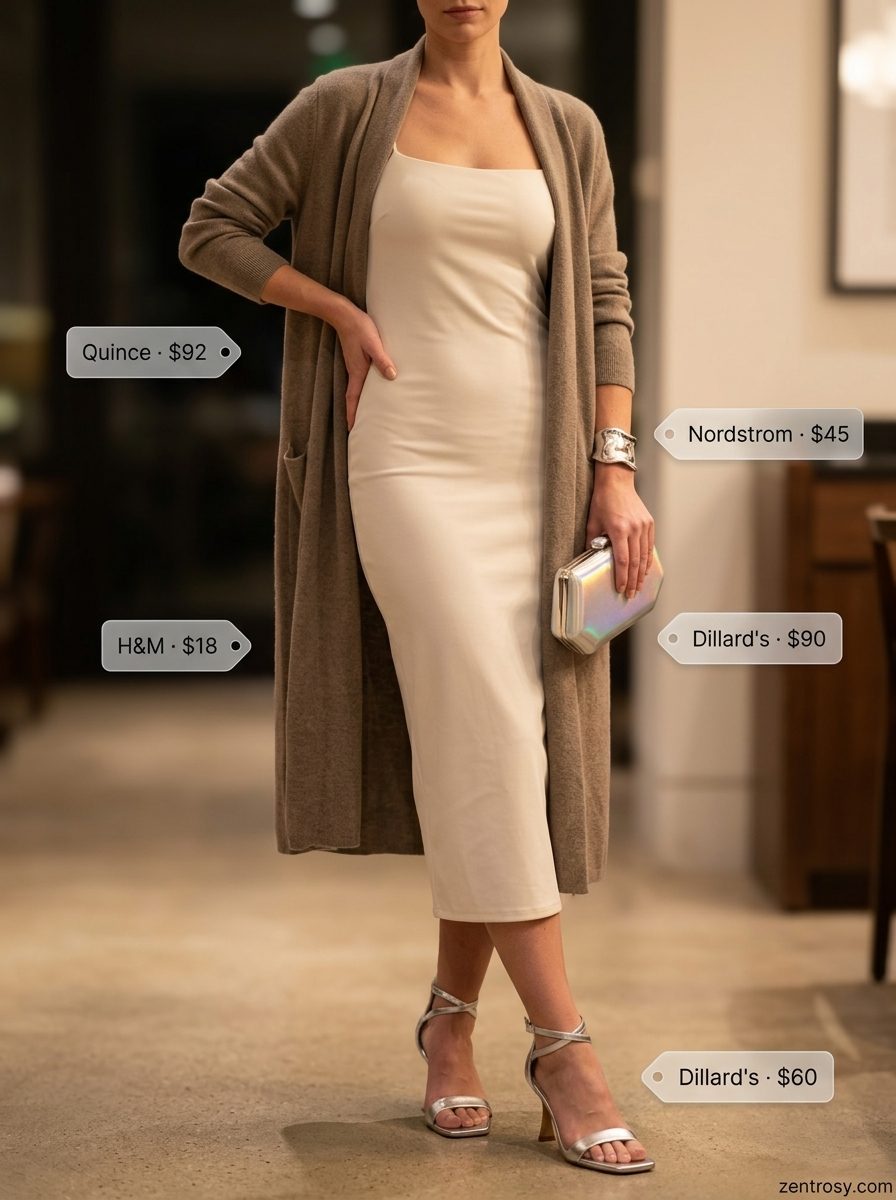 Neutral minimalist summer outfit 2026: Taupe slip dress, ivory cardigan, silver heels and clutch.