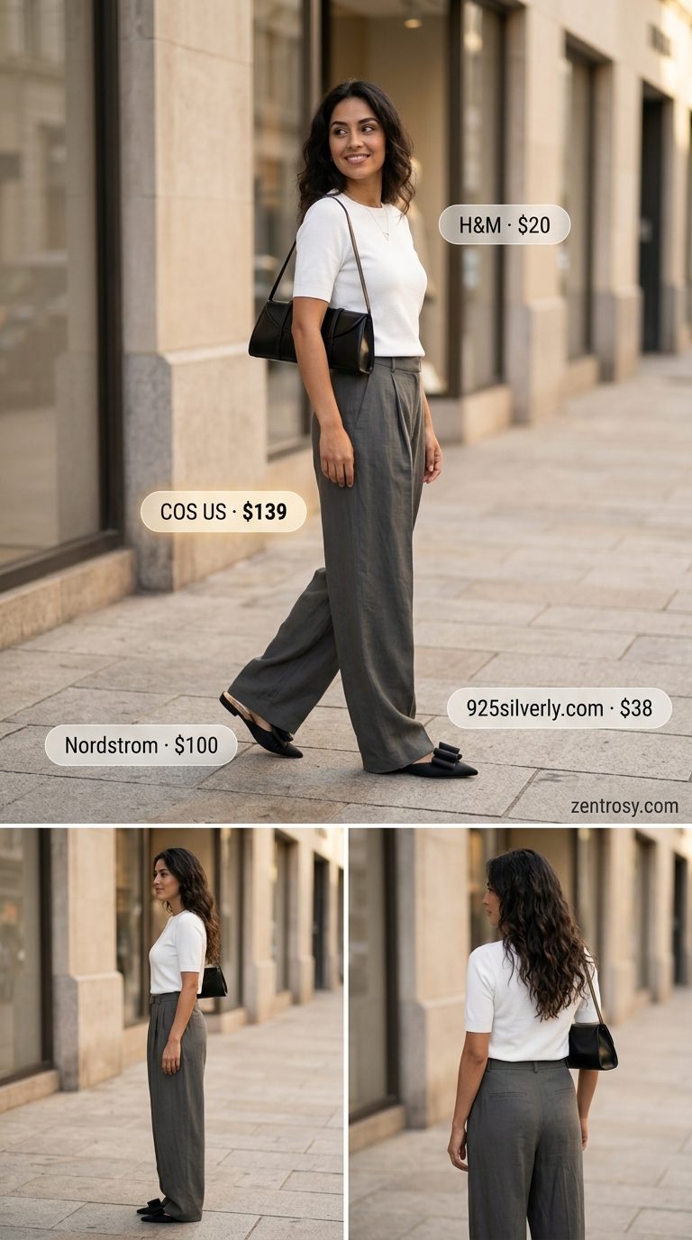 Neutral minimalist summer outfits for women 2026: Grey wide-leg pants, white knit top, leather mules, shoulder bag.