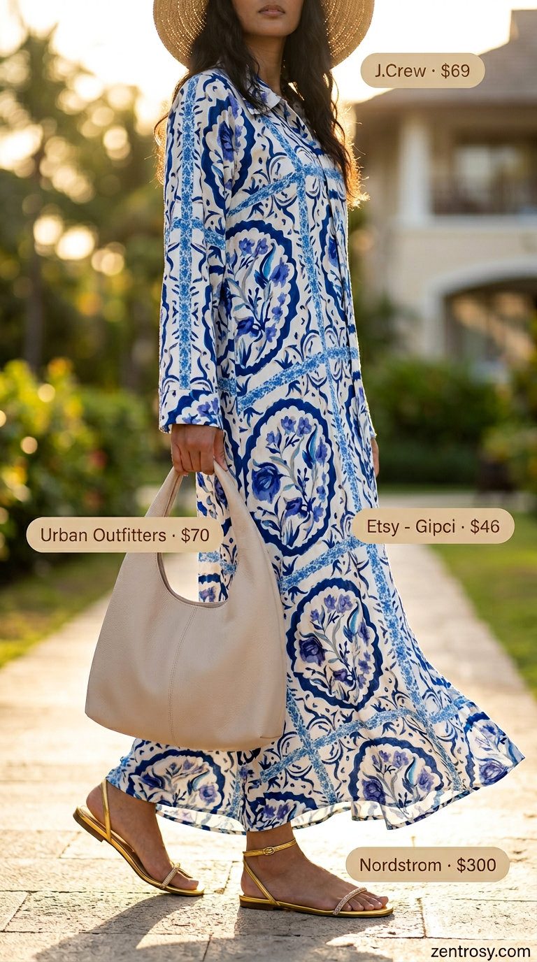Quiet Luxury Summer Outfits 2026: Caftan Dress No logo quiet luxury summer outfit: blue/white print caftan, gold sandals, raffia hat, beige hobo bag. Bohemian glamour.