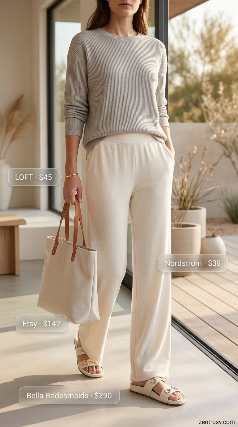 Quiet Luxury Summer Outfits 2026: Knit Co-ord No logo quiet luxury summer outfit: stone grey knit co-ord, ivory slides, beige tote, gold bangle. Comfortable & chic.