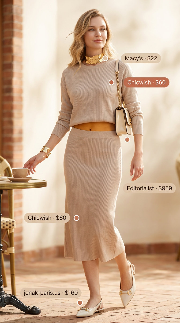 Quiet Luxury Summer Outfits 2026: Knit Skirt Set No logo quiet luxury summer outfit: beige knit skirt set, light beige shoulder bag, ivory slingbacks, gold cuff. Polished.
