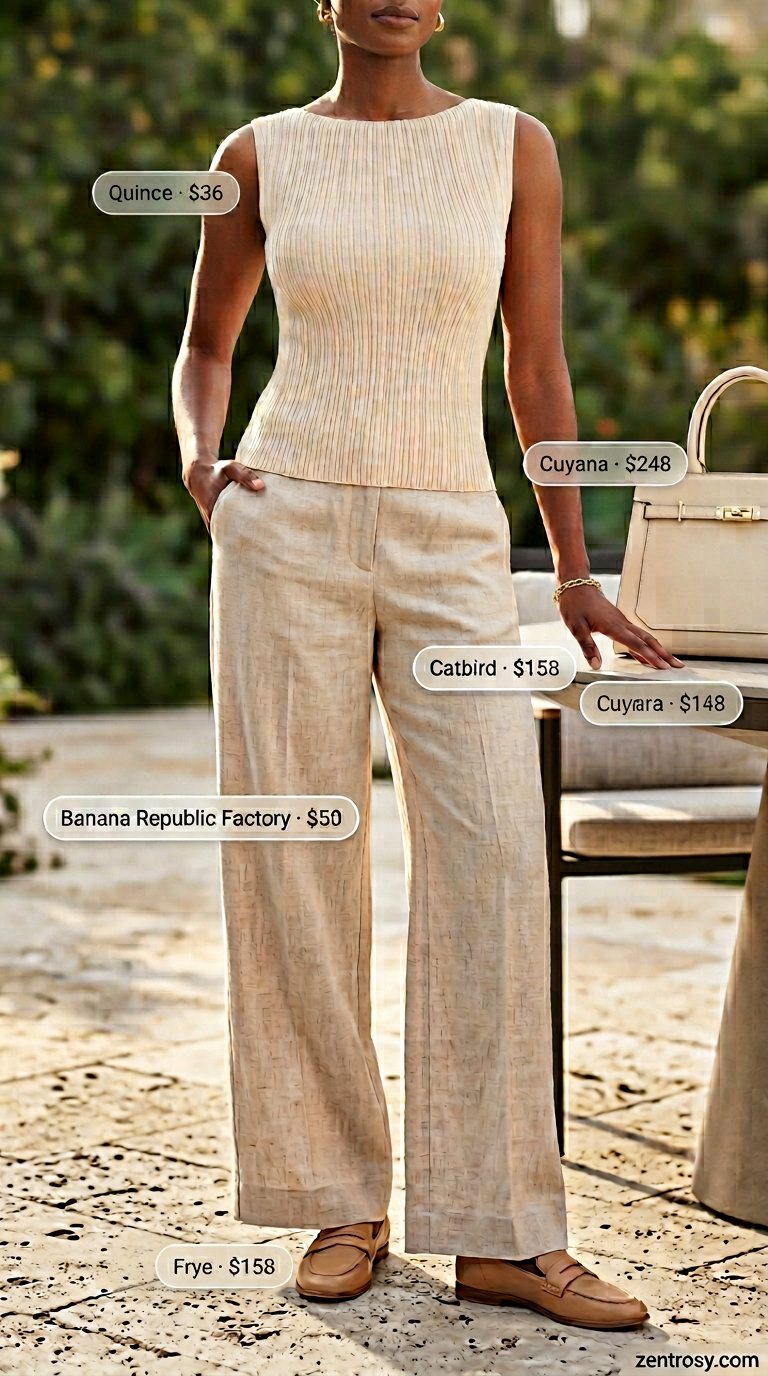 Quiet Luxury Summer Outfits 2026: Linen Pants No logo quiet luxury summer outfits for women 2026: Cream linen pants, beige knit top, gold bracelet, tan loafers.