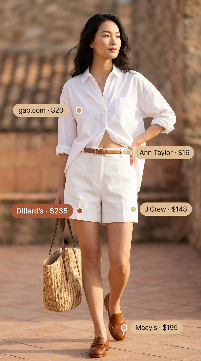 Quiet Luxury Summer Outfits 2026: Linen Shorts No logo quiet luxury summer outfit: white linen shorts, navy button-down, straw tote, tan loafers, leather belt. Polished.