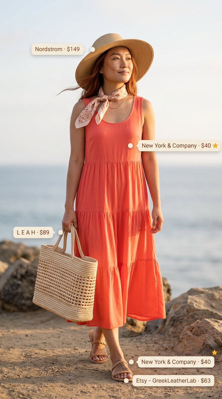 Quiet Luxury Summer Outfits 2026: Linen Sundress No logo quiet luxury summer outfit: coral linen sundress, straw tote, straw hat, tan leather slides. Feminine & carefree.