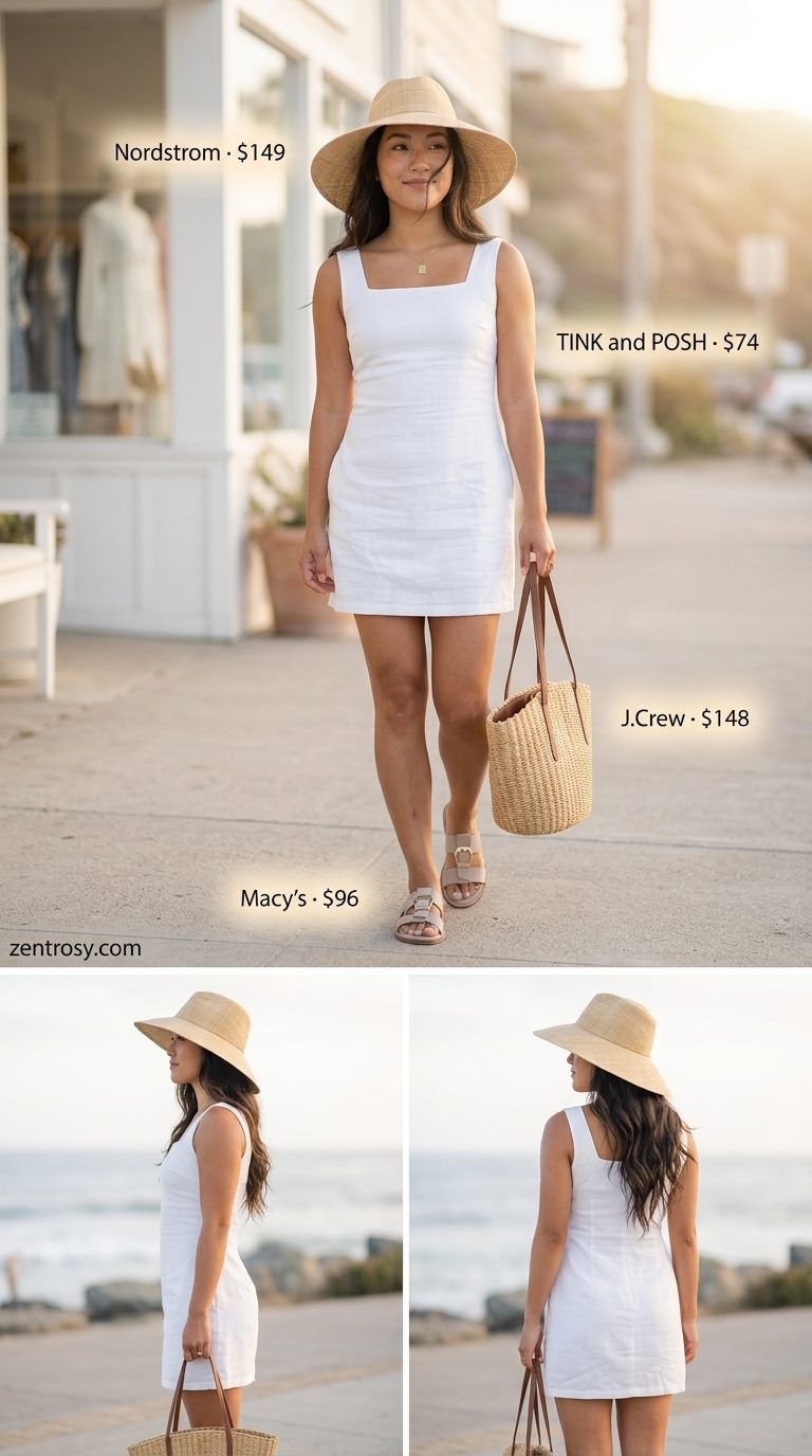 Quiet Luxury Summer Outfits 2026: Linen Sundress No logo quiet luxury summer outfits for women 2026: White linen sundress, straw tote, flat slides, sun hat.