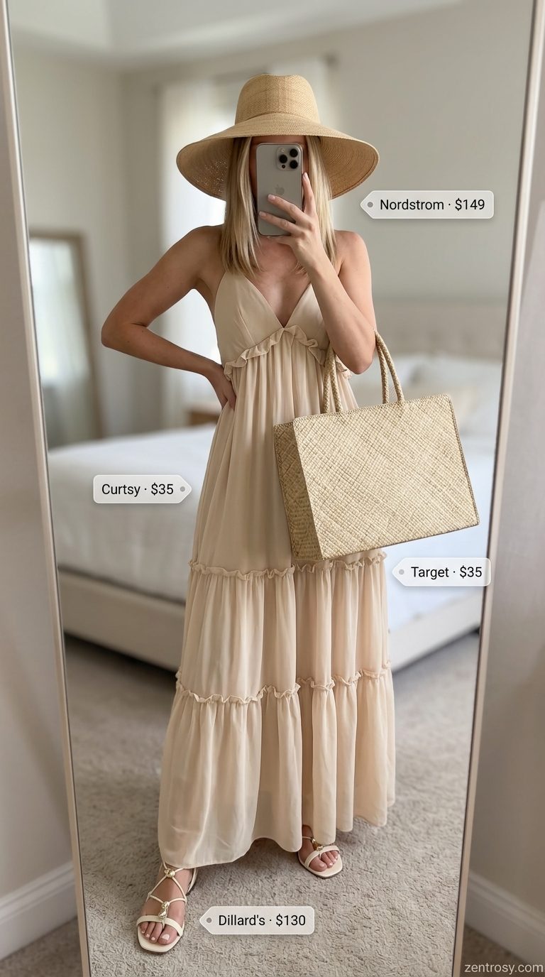 Quiet Luxury Summer Outfits 2026: Maxi Dress No logo quiet luxury summer outfits for women 2026: Natural beige maxi dress, straw tote, flat sandals, wide-brim hat.