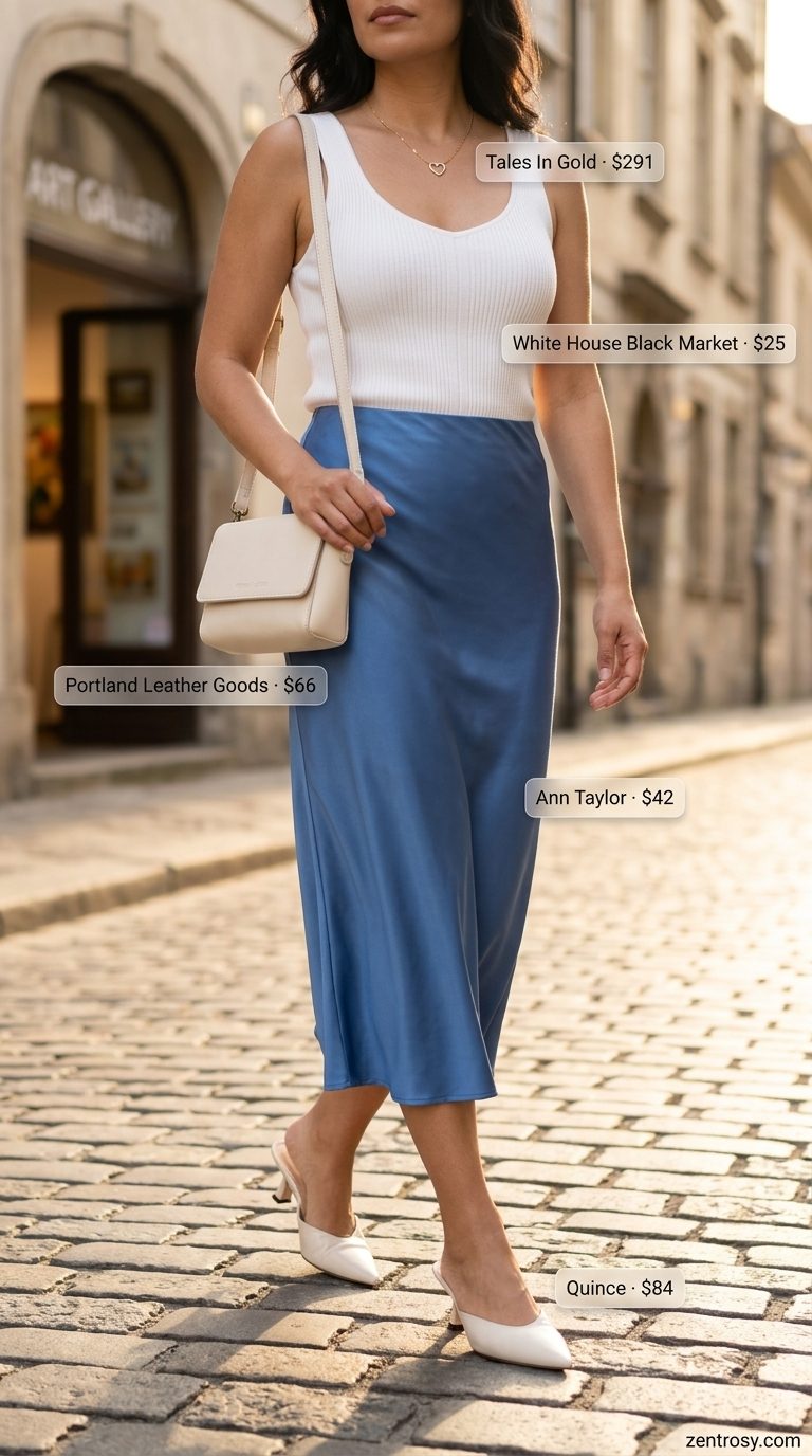 Quiet Luxury Summer Outfits 2026: Midi Skirt & Knit No logo quiet luxury summer outfits for women 2026: Soft blue midi skirt, ivory knit top, gold necklace, nude mules.