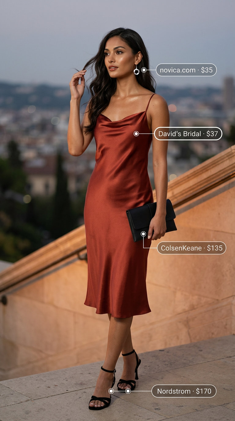 Quiet Luxury Summer Outfits 2026: Slip Dress No logo quiet luxury summer outfit: muted terracotta slip dress, black heels, silver earrings, black clutch. Sophisticated.